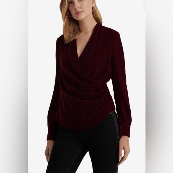 LAUREN Ralph Lauren Pleated Velvet Surplice Blouse size 8 - Picture 2 of 5